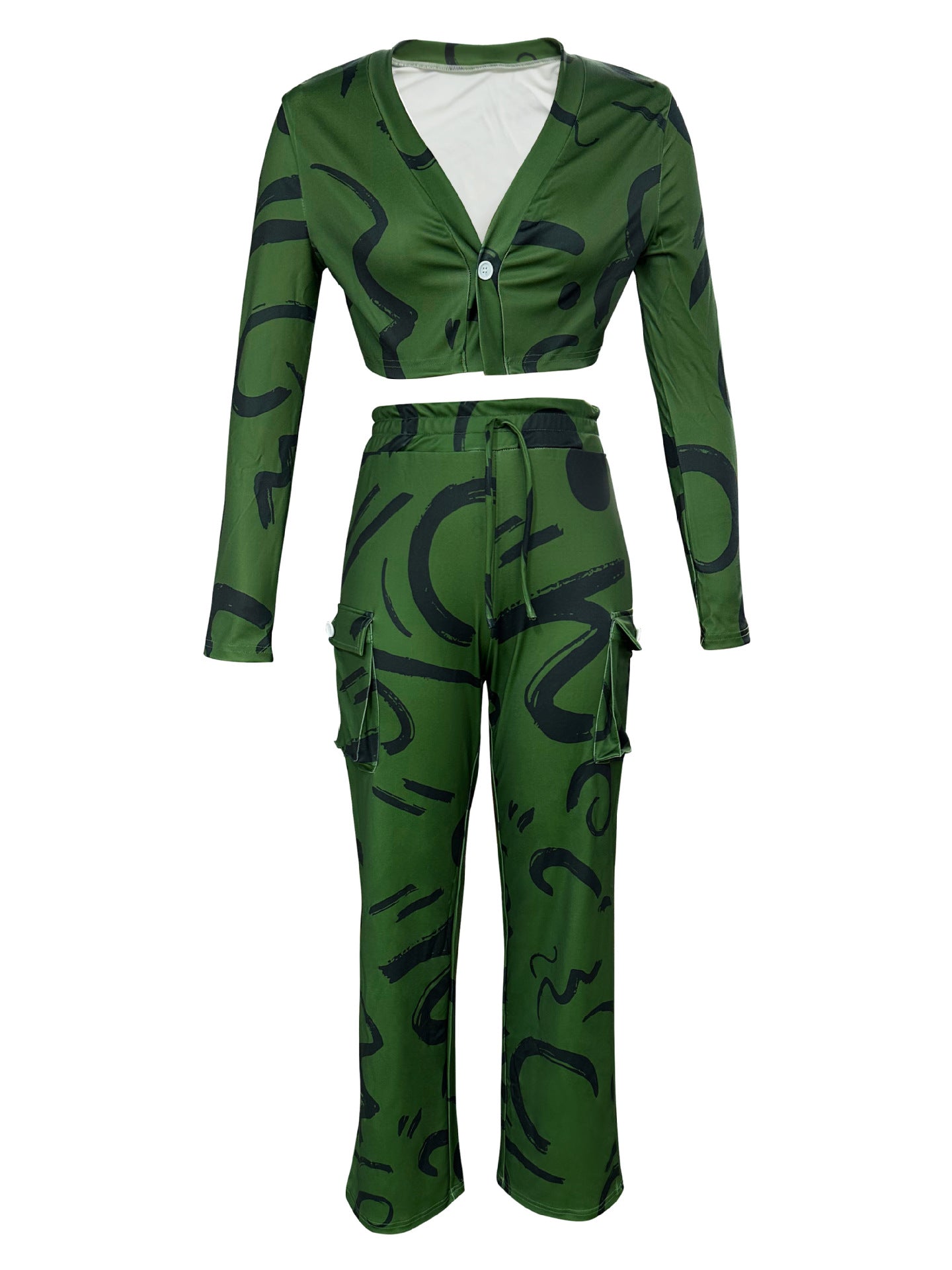 Women Autumn and Winter Geometric Line Print Casual Sexy Short Top and Pant Two-piece Set 27