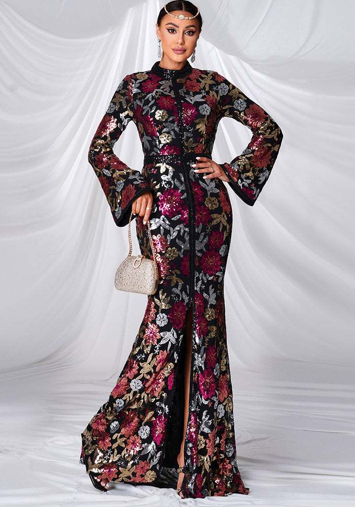 Women long sleeve Round Neck Formal Party sequined fishtail evening dress