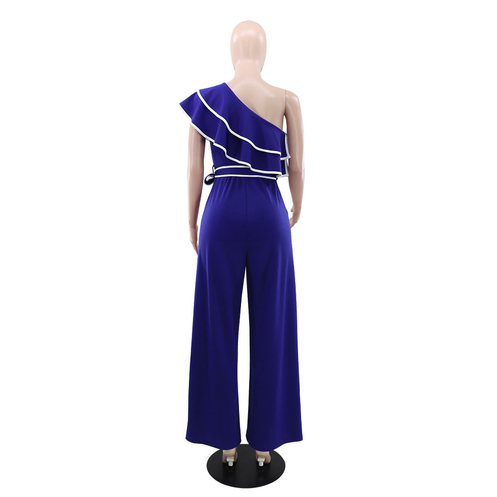 Fashionable Women's Slash Shoulder Belt Casual Wide-Leg Jumpsuit 9