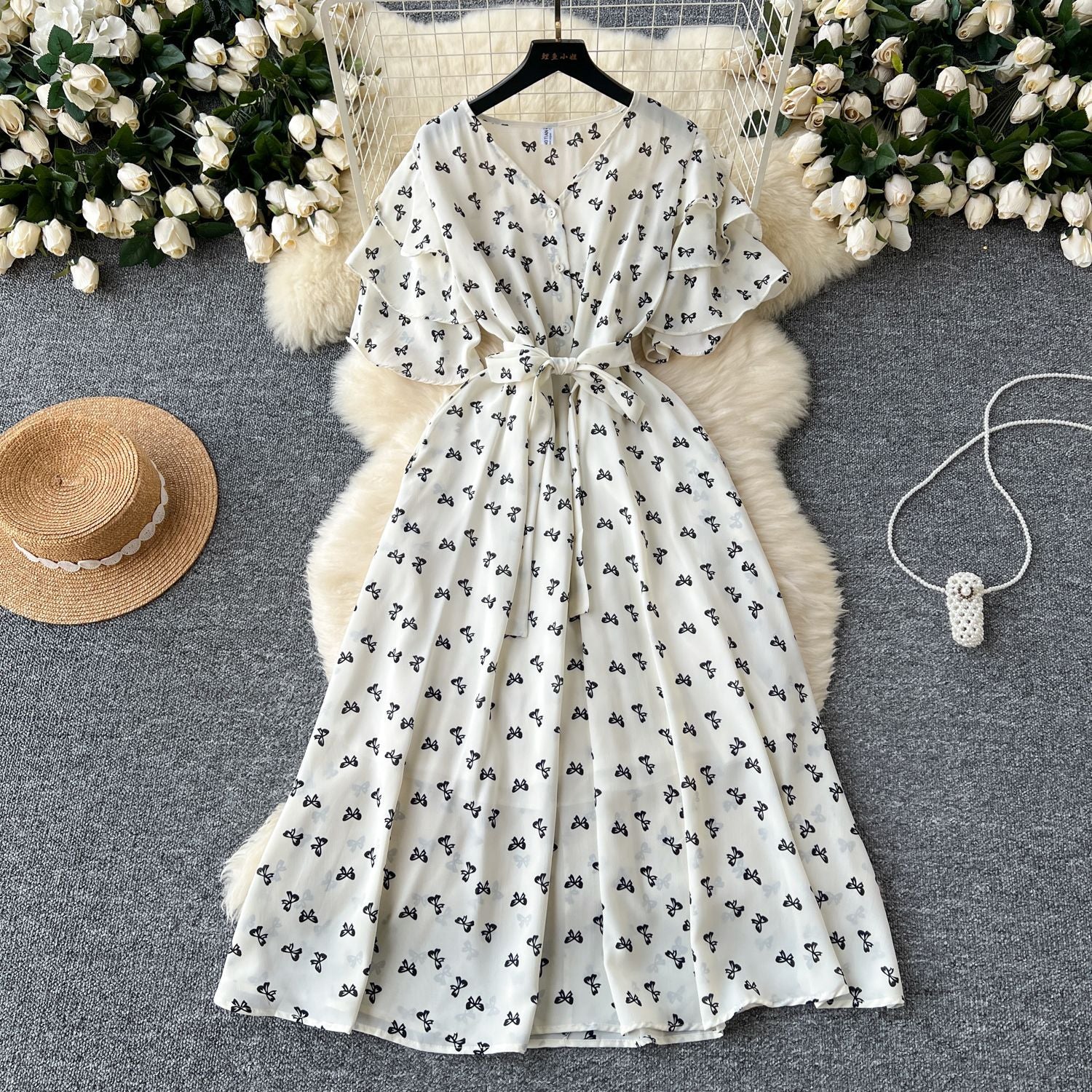 V-Neck Bell Sleeve Tie Waist A-Line Floral Dress 9