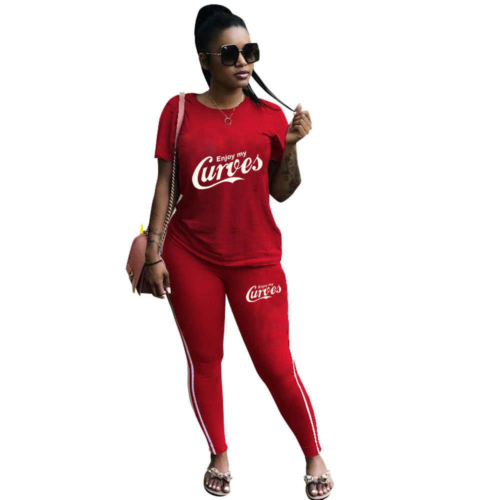 Women Casual Solid Print Short-Sleeved Top and Pants Two-Piece Set 8