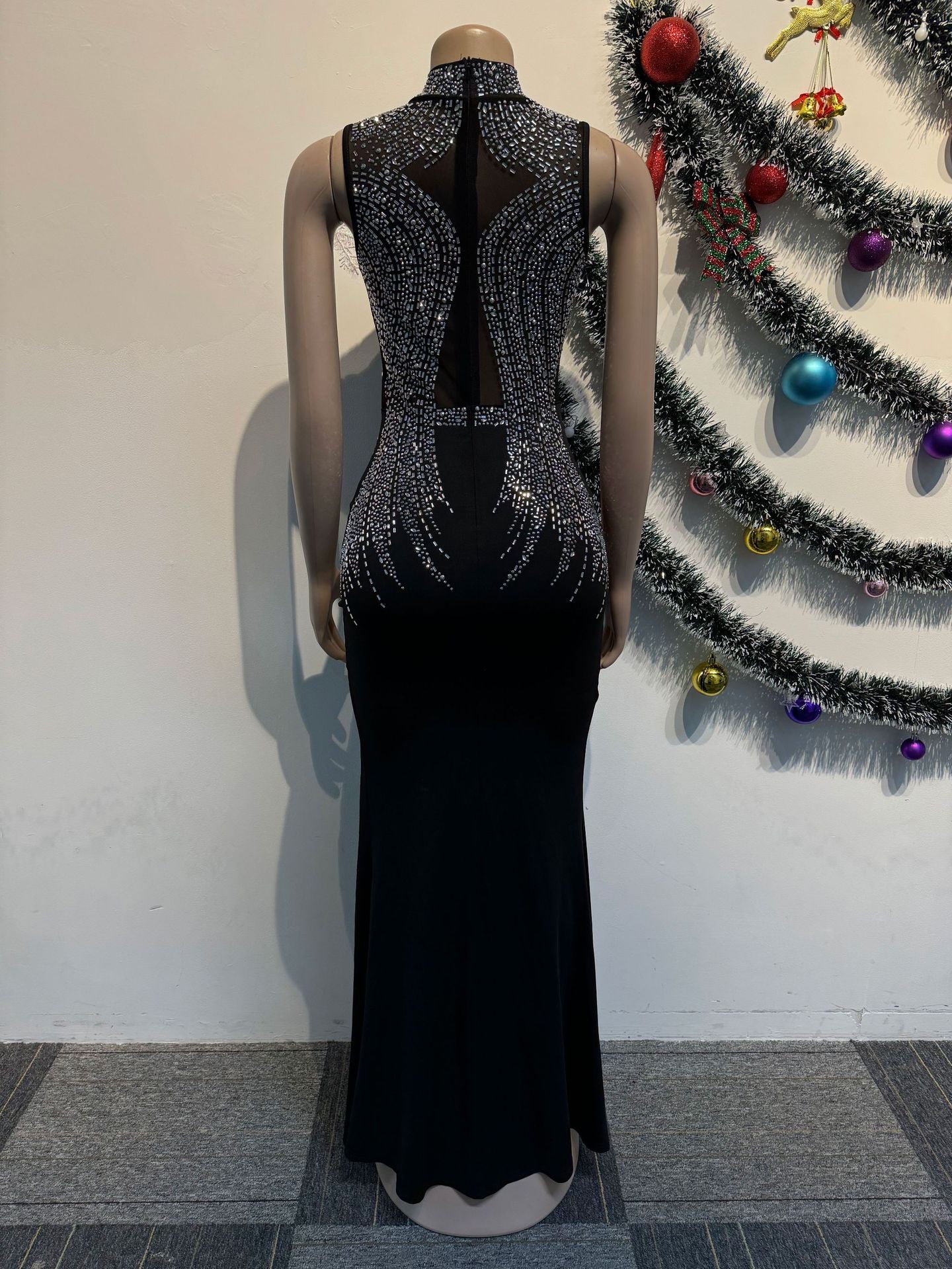 Women Beaded Mesh See-Through Patchwork Sleeveless Slit Dress 13