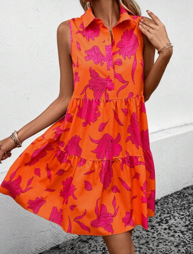 Women's Sleeveless Pleated Floral Print Button Shirt Dress 7