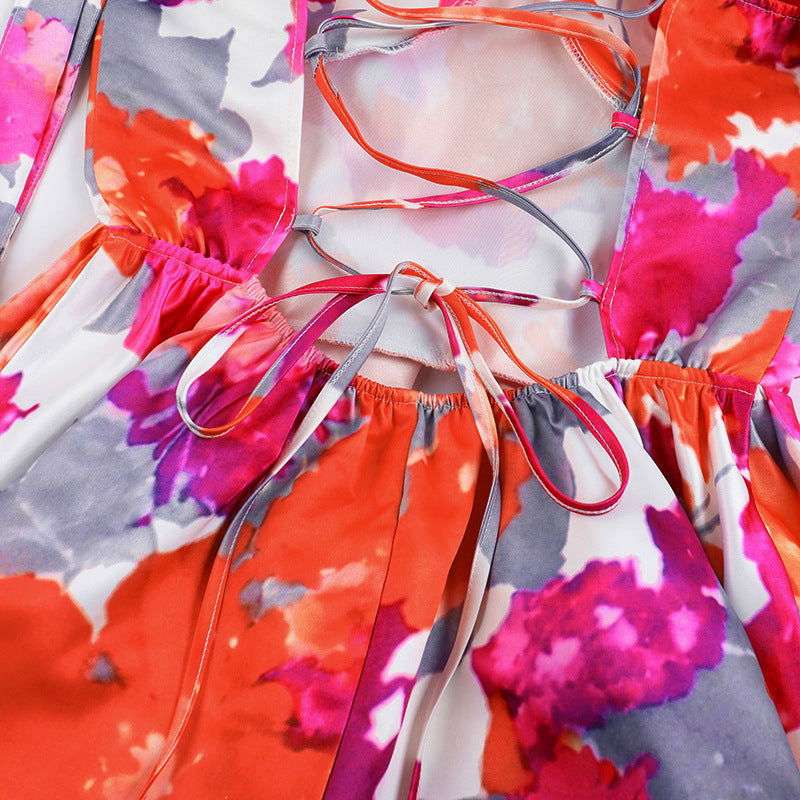 Chic Slim Waist Printed A-Line Summer Short Dress 19