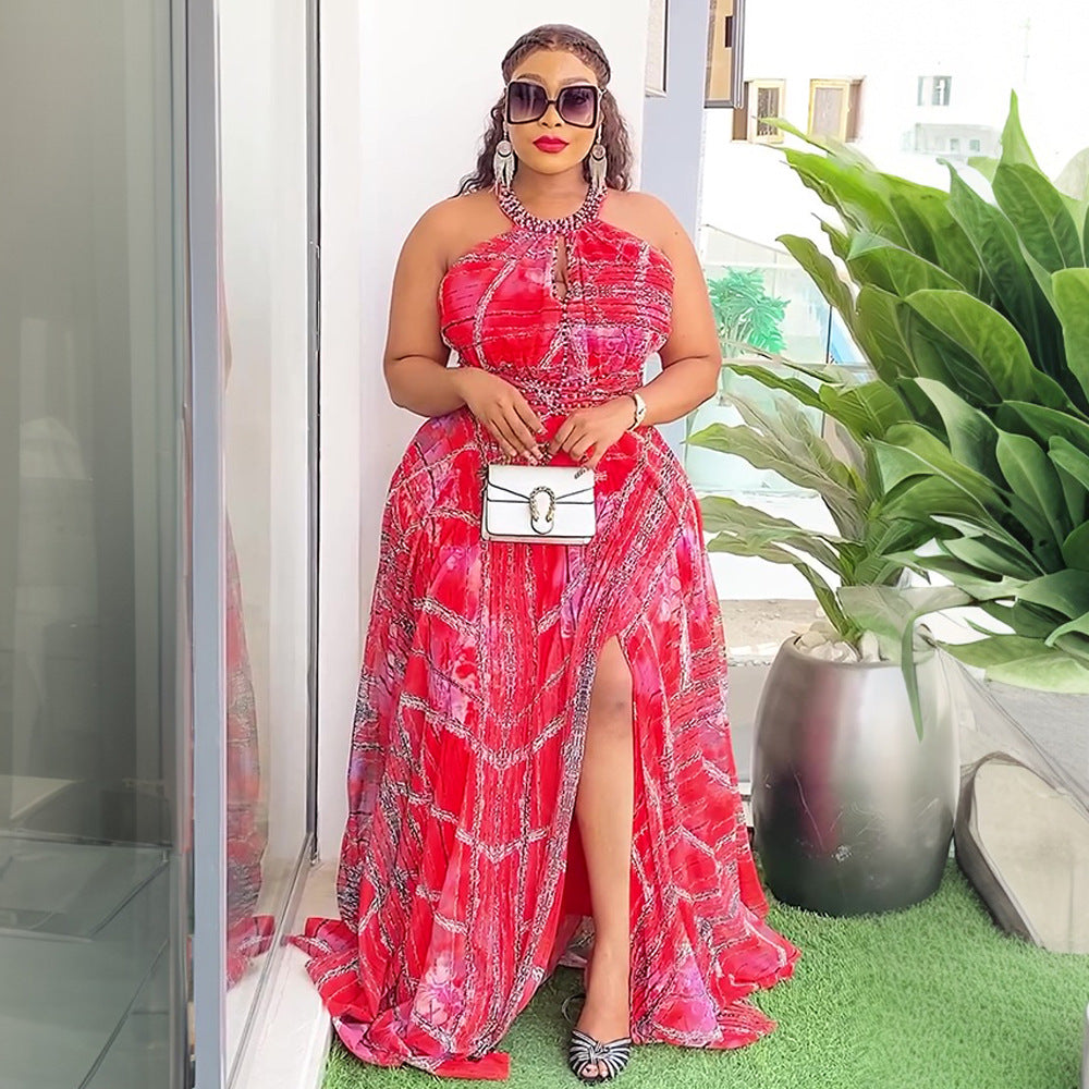 Plus Size Women Off-shoulder Spring and Summer African Print Bubble Bead Maxi Dress 4