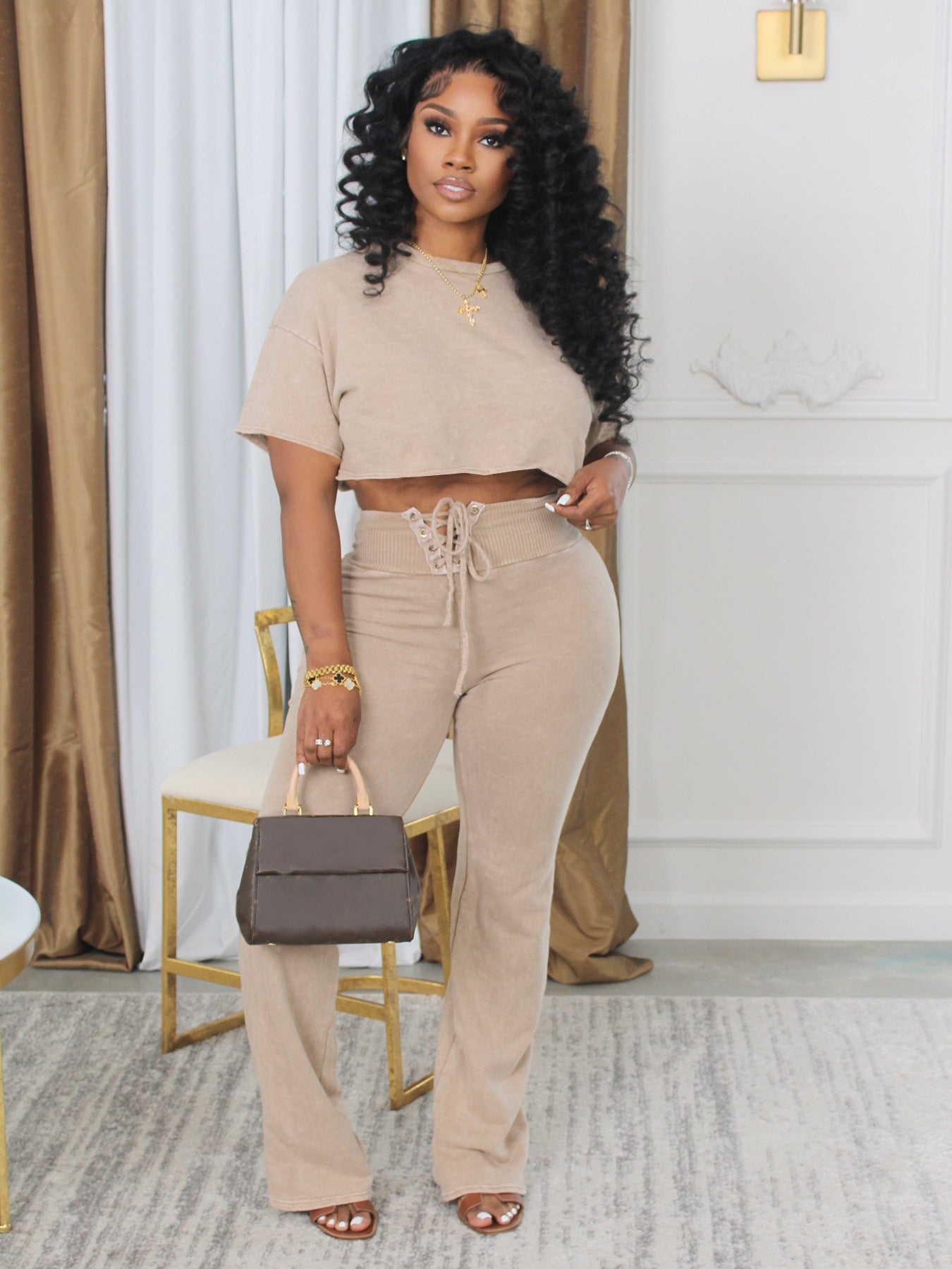 Women Casual Round Neck Top Lace-Up Pant Two-piece Set 8