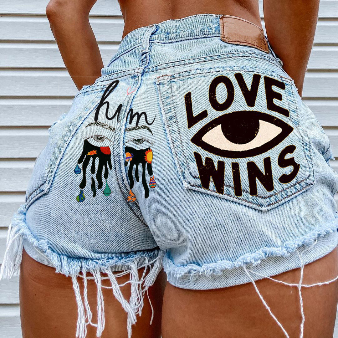 Eye Graffiti Pattern Denim Shorts For Women 5