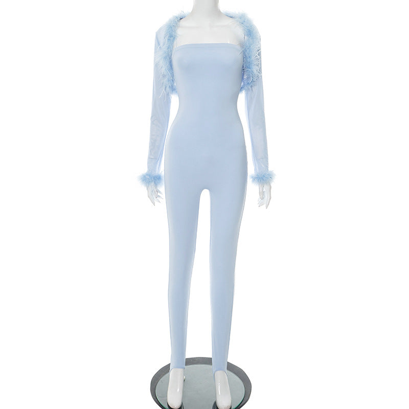 Women's Fur Collar Mesh Long Sleeve Cape Strapless Tight Fitting Jumpsuit Two-Piece Set 6