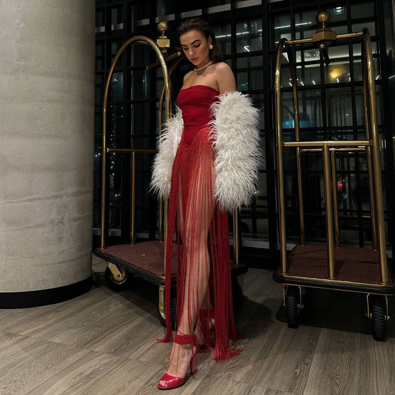 Women Tassel Patchwork Strapless Dress 7