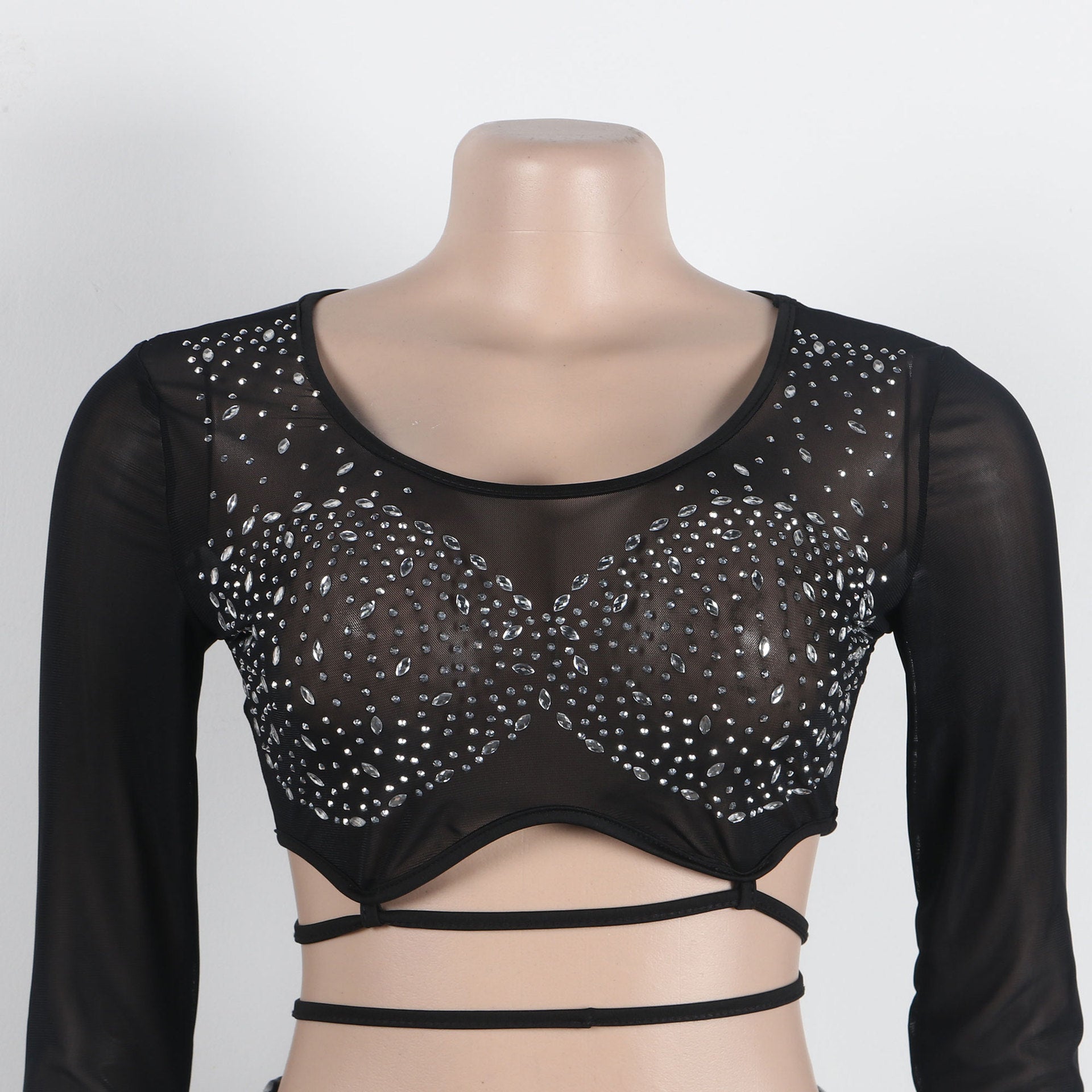 Women Sexy Patchwork Beaded Lace-Up Long Sleeve Crop Top and Shorts Two-piece Set 13