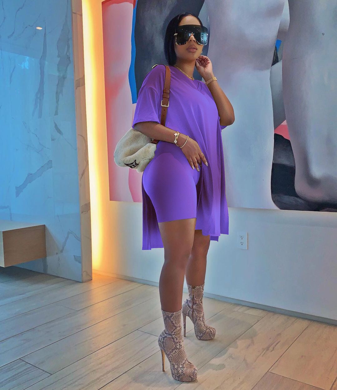 Women Summer Solid Slit Short Sleeve Top and Shorts Two-piece Set 5