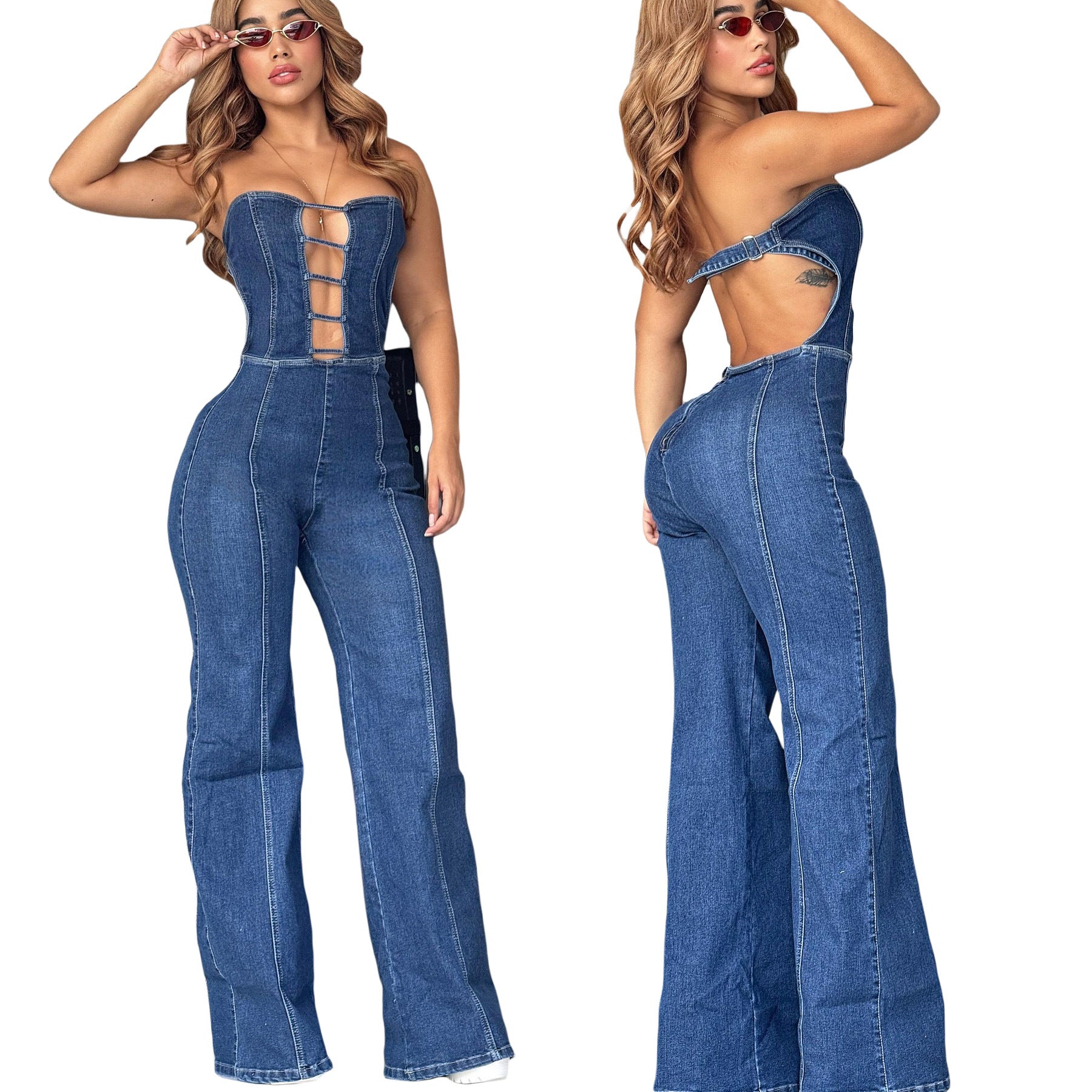 Women  Strapless Backless Denim Jumpsuits 4