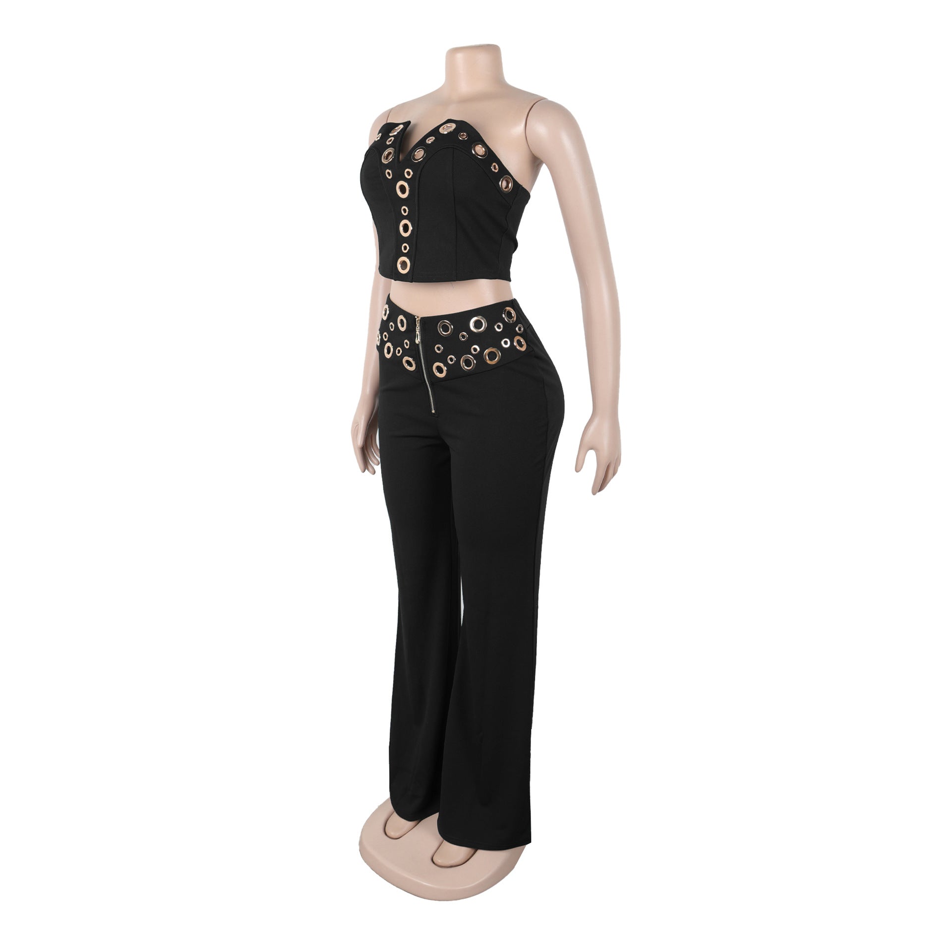 Women elegant elastic metal buckle decorated V-neck Top and Pants two-piece set 40