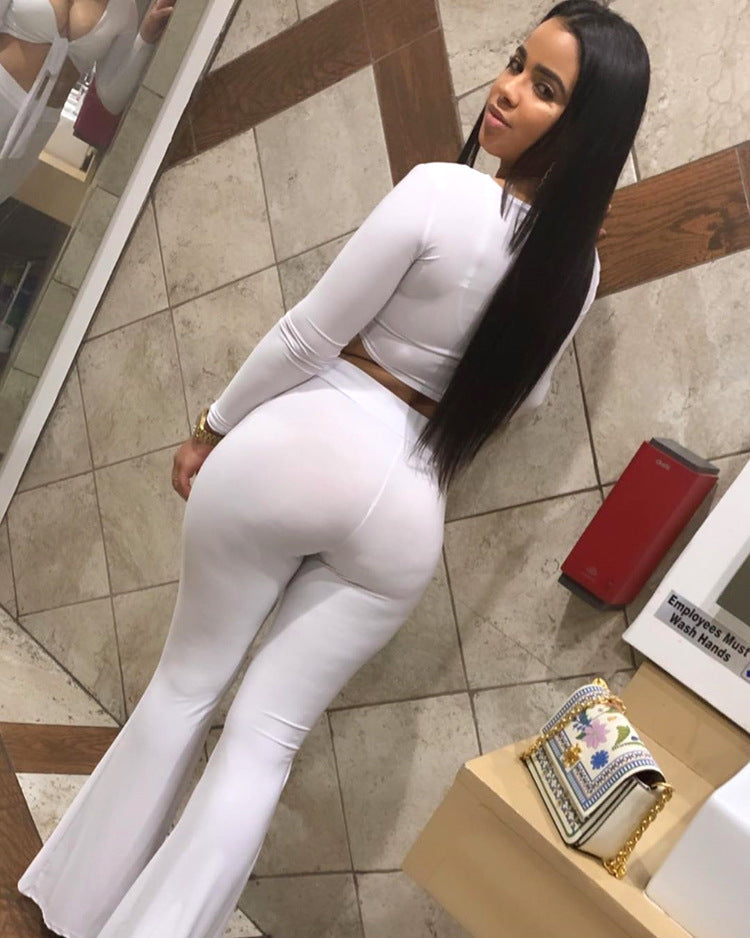 Sexy Elastic Casual Bell Bottom Trousers Low-Cut lace-up top set 6