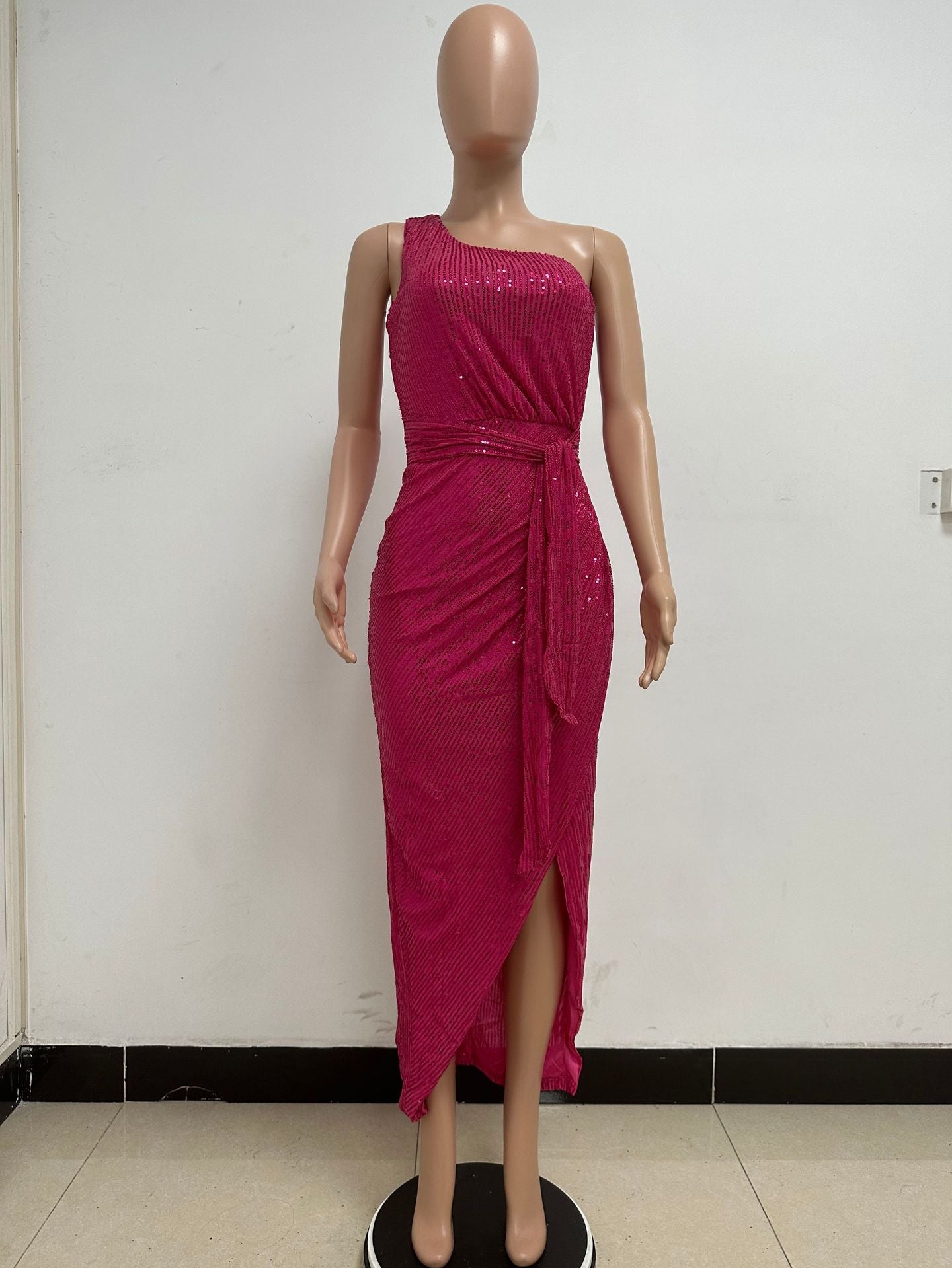 Women's One-Shoulder Lace-Up Sequined Evening Dress 108