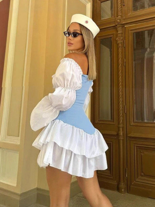 Autumn Women's Sexy Color Block Off Shoulder Puff Sleeve Slim Waist Casual Dress 6