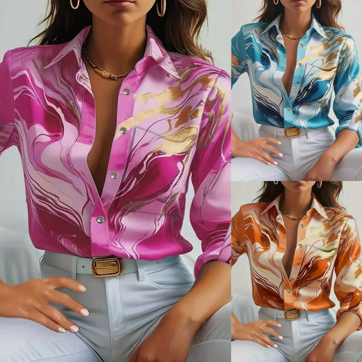 Autumn Fashion Women Casual Loose Button Long Sleeve Print Shirt 5