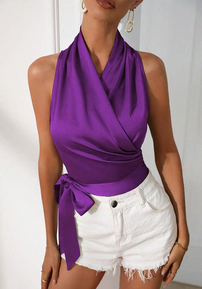 Women satin spring and summer Halter neck Sexy Lace-up Sleeveless Top