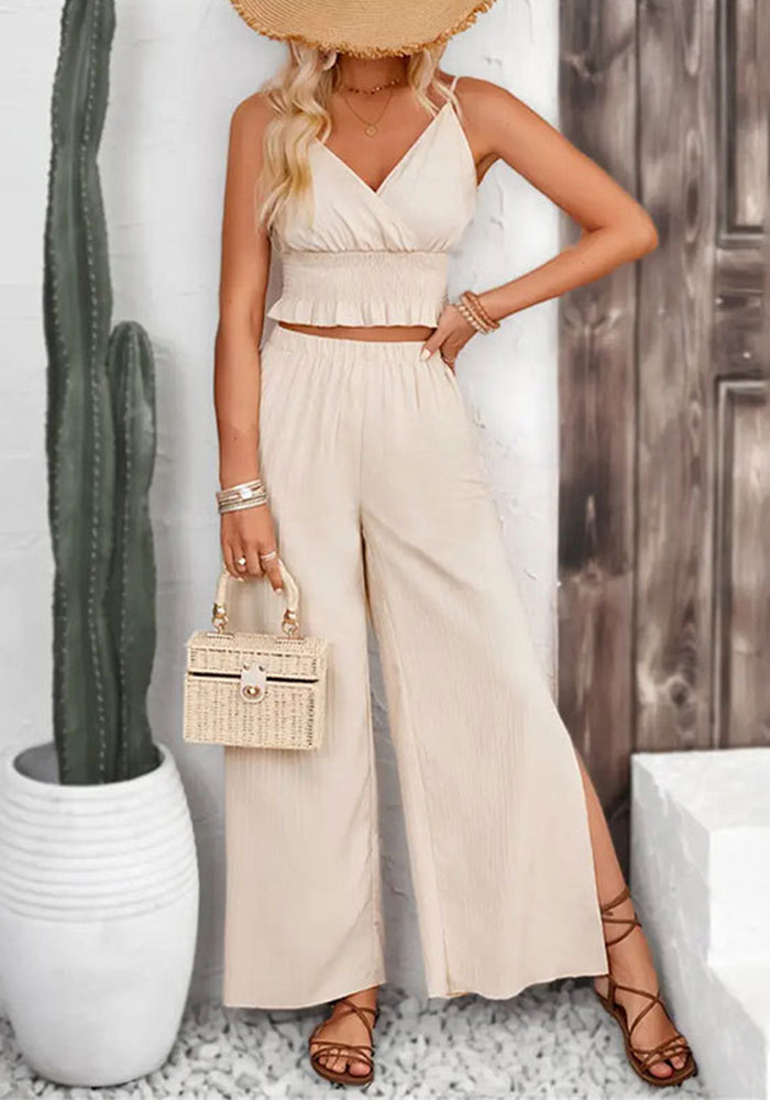Women's Solid Color Straps Vest Straight Slit Casual Pants Summer Two-Piece Set