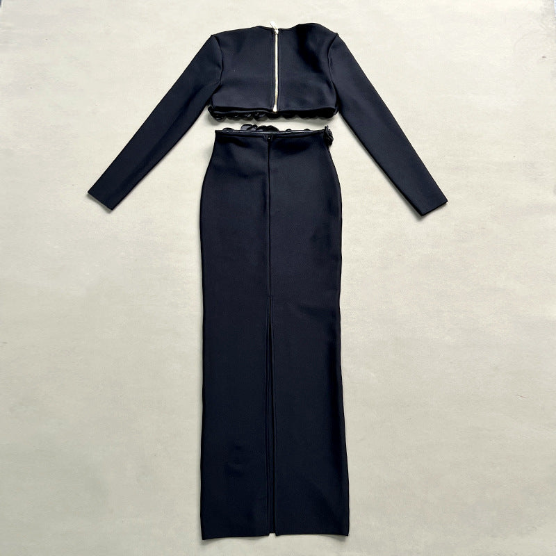 Solid Color Long Sleeve Flower Bandage Top Long Skirt Two-Piece Set 21