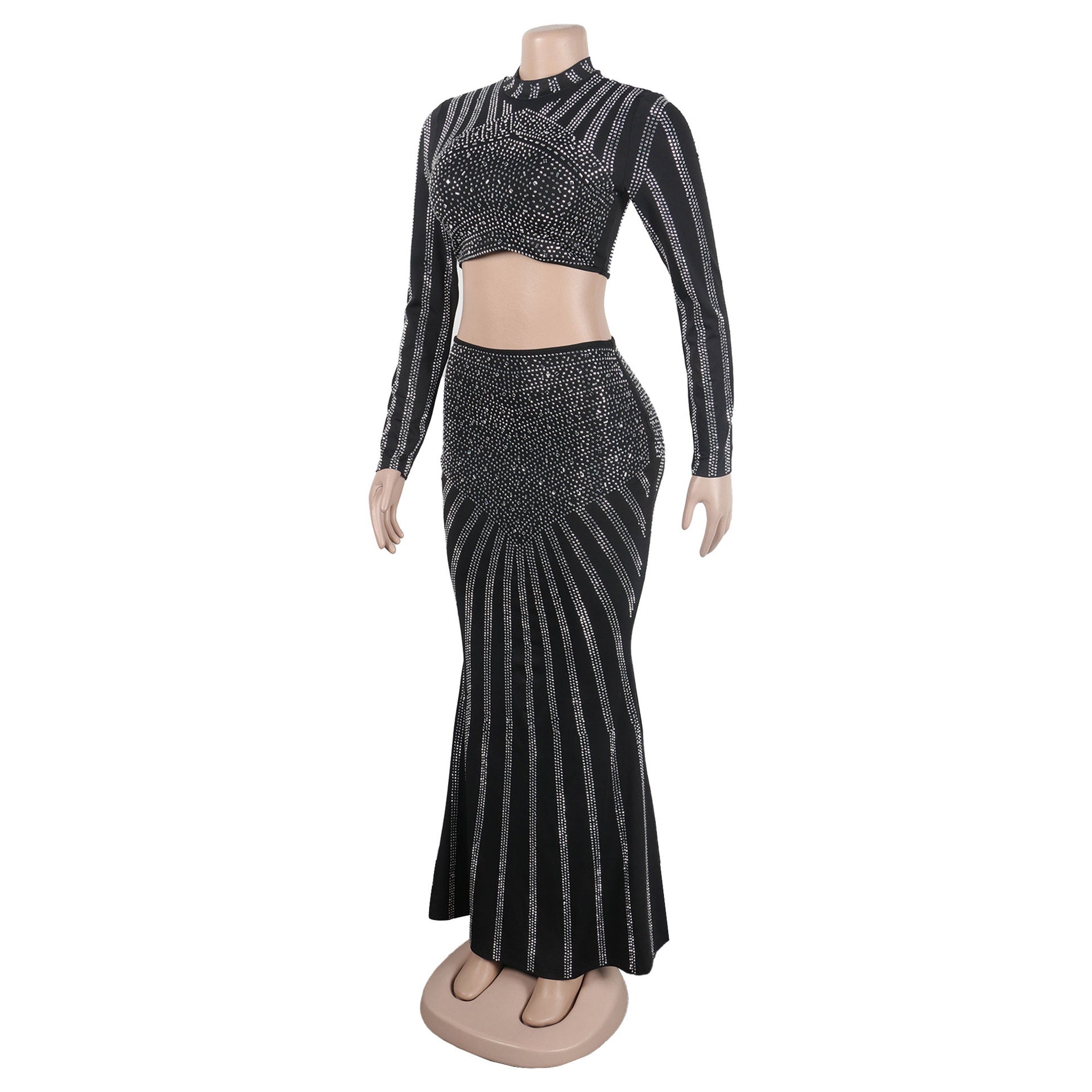 Sexy Beaded Tight Fitting Stretch Long Sleeve Top Bodycon Mermaid Skirt Suit 15