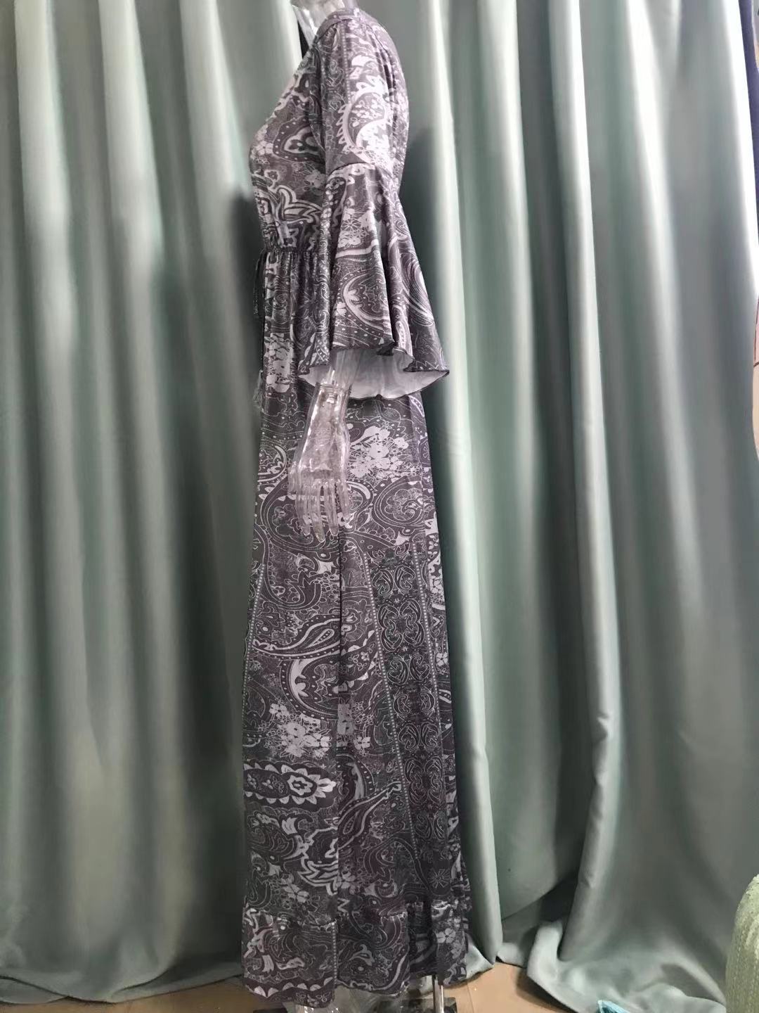 Women Boho Bell Bottom Sleeve Printed V Neck Holidays Maxi Dress 23