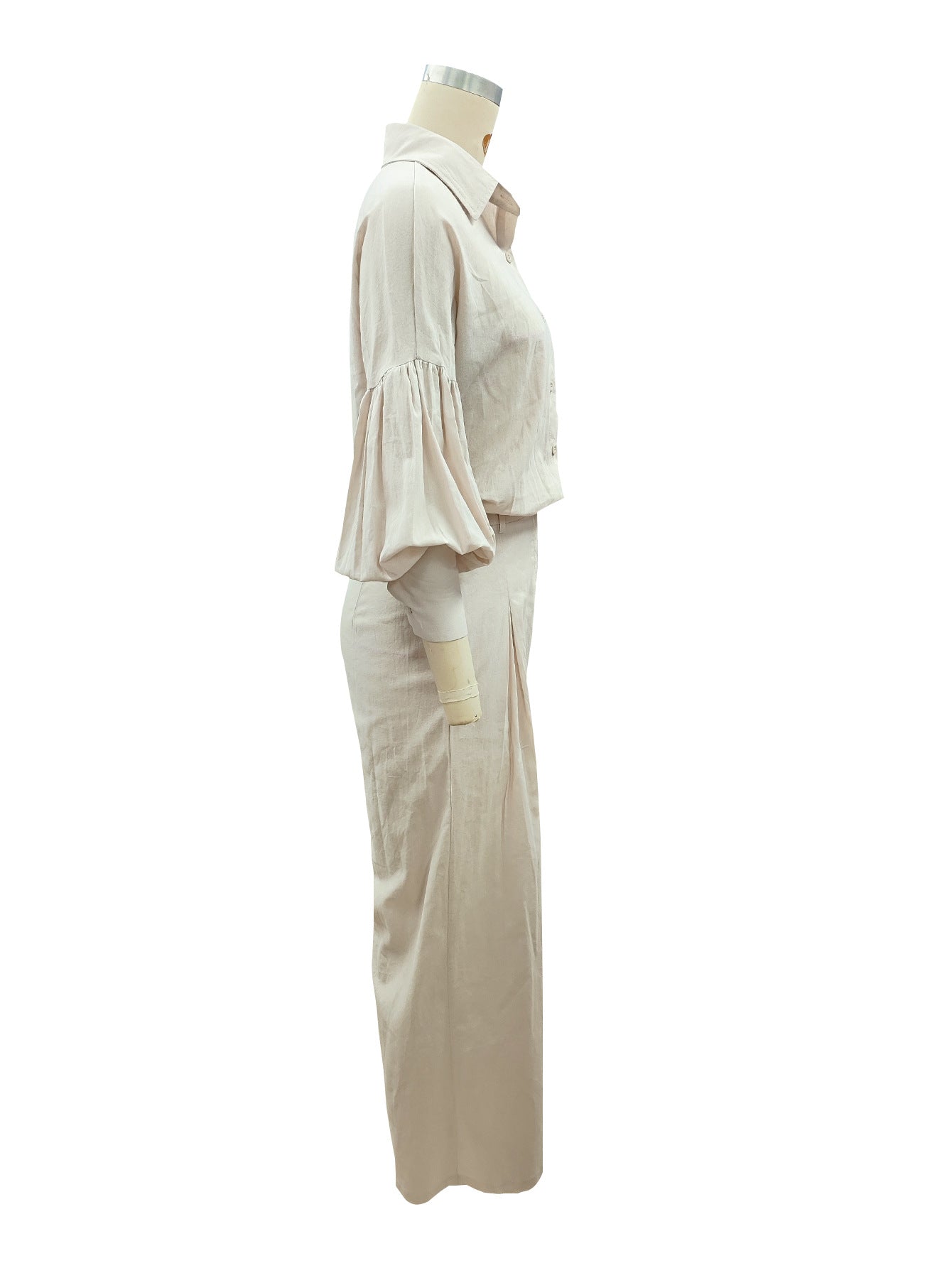 Autumn Solid Long-Sleeve Shirt & Wide-Leg Pants Linen Two-Piece Set 15