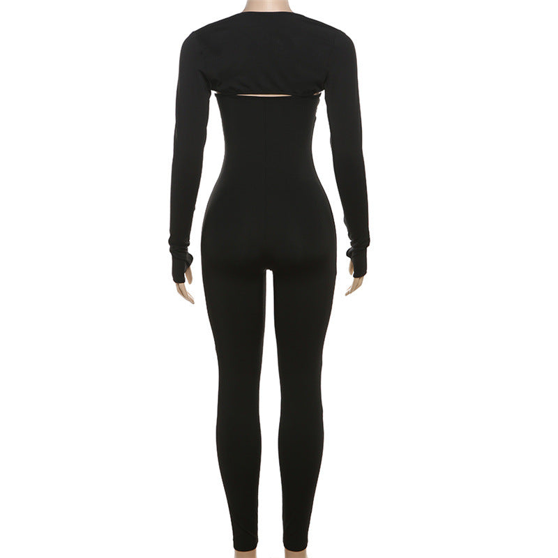 Summer Fashion Sexy Tight Fitting Slim Fit Strap Jumpsuit Long Sleeve Cape Top Set 4