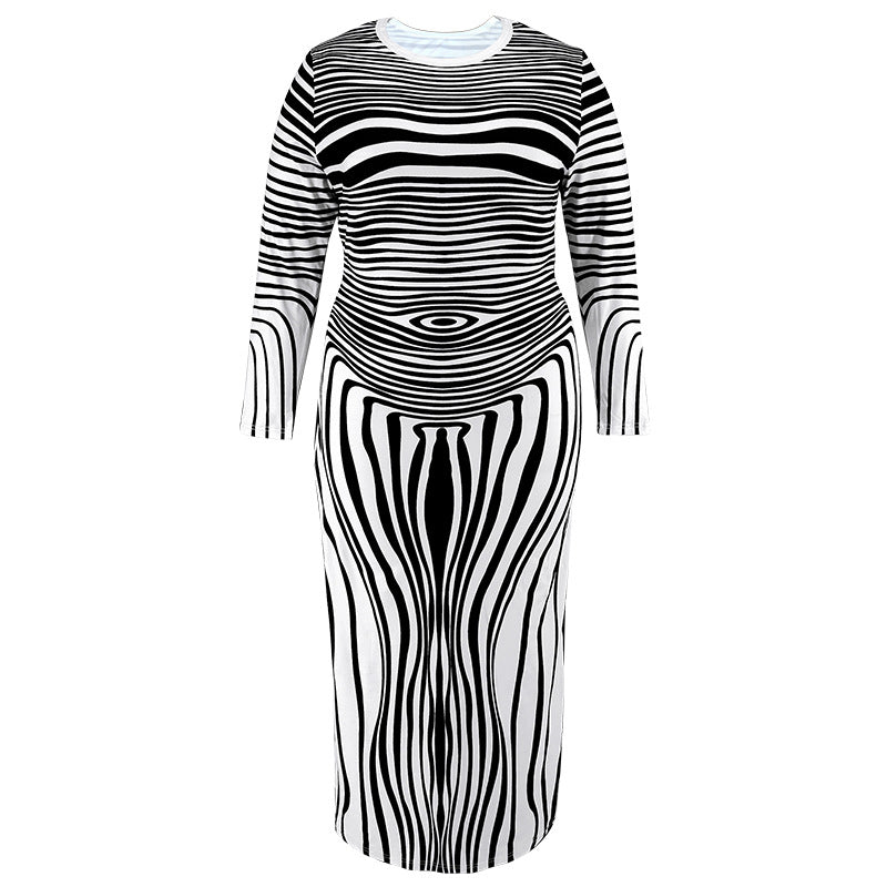 Plus Size Women's Irregular Striped Long Sleeve Dress 5