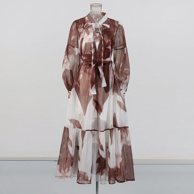 Women Vintage Paint Print Belt V-neck Long Sleeve Dress 16