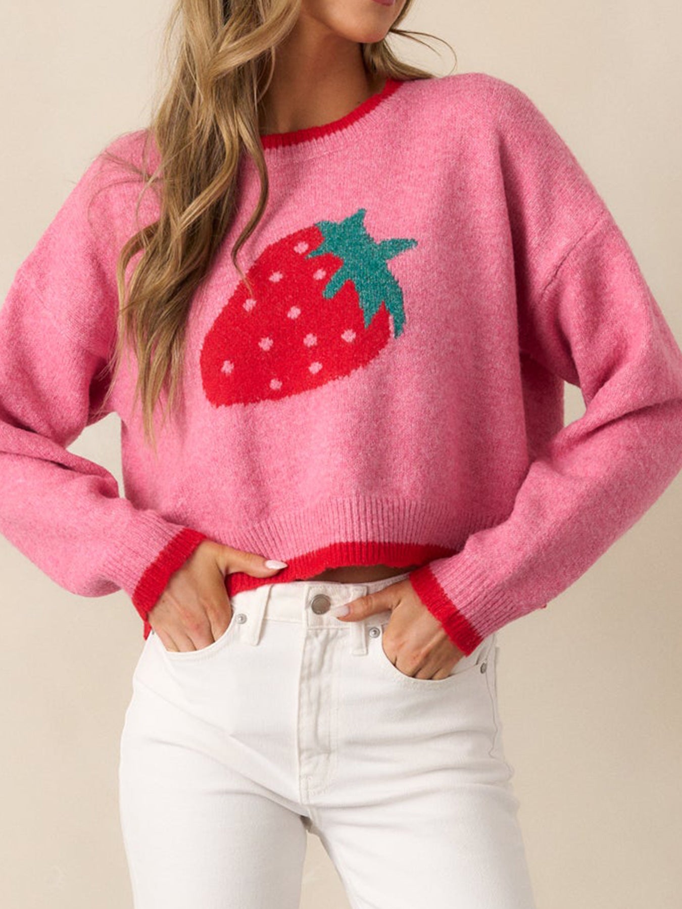 Women strawberry jacquard autumn sweater Casual short long-sleeved knitting shirt Top 7