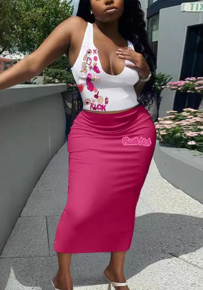 Summer Letter Print Vest Long Skirt Two Piece Set