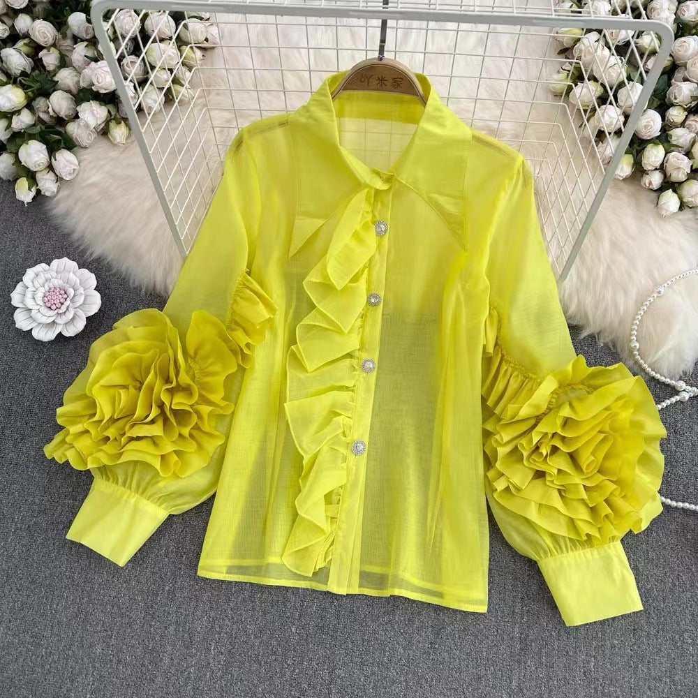 Women Fashion Turndown Collar Ruffled Loose Shirt 10