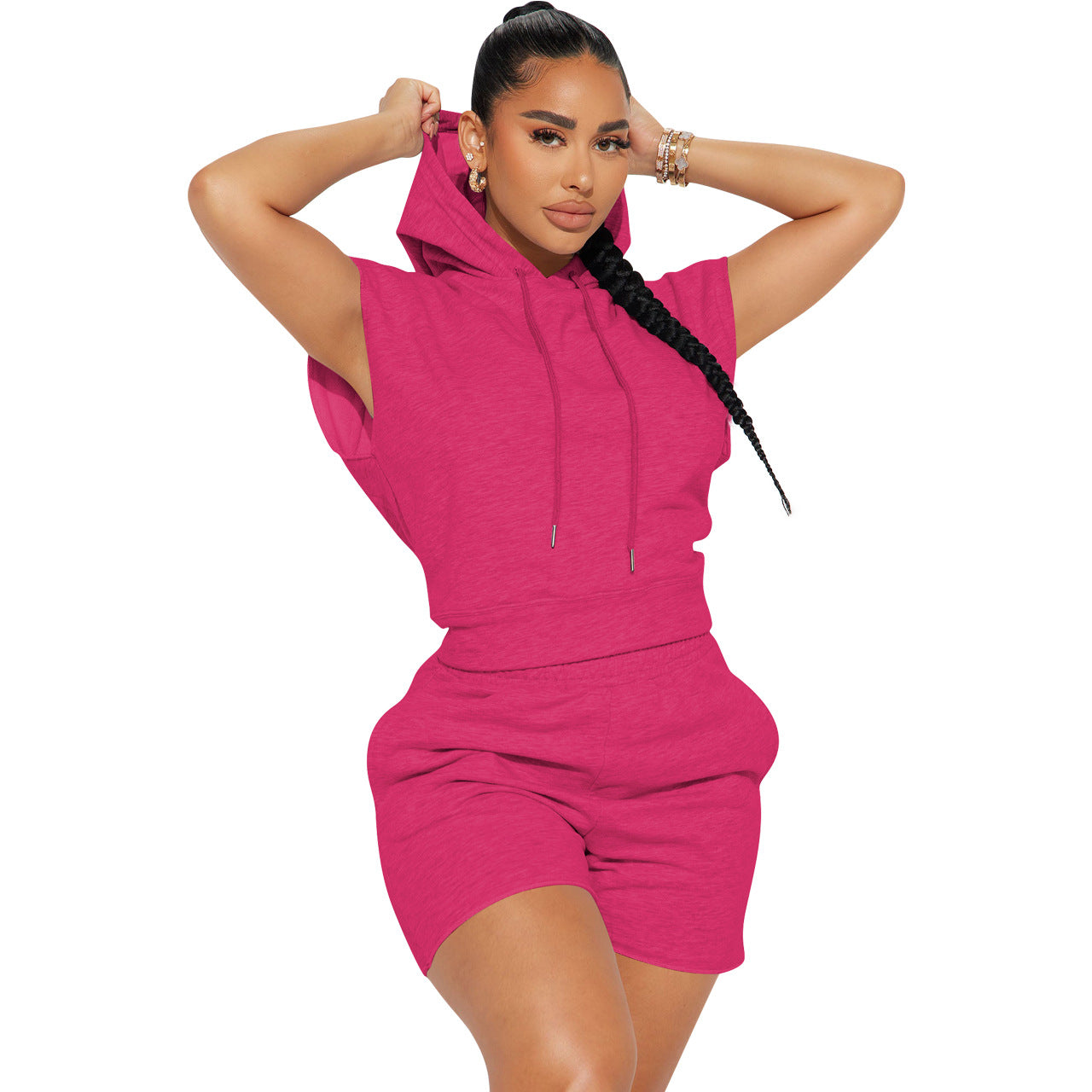 Women's Fashion Casual Sport Hooded Short Sleeve Two-Piece Shorts Set Women's Clothing 7