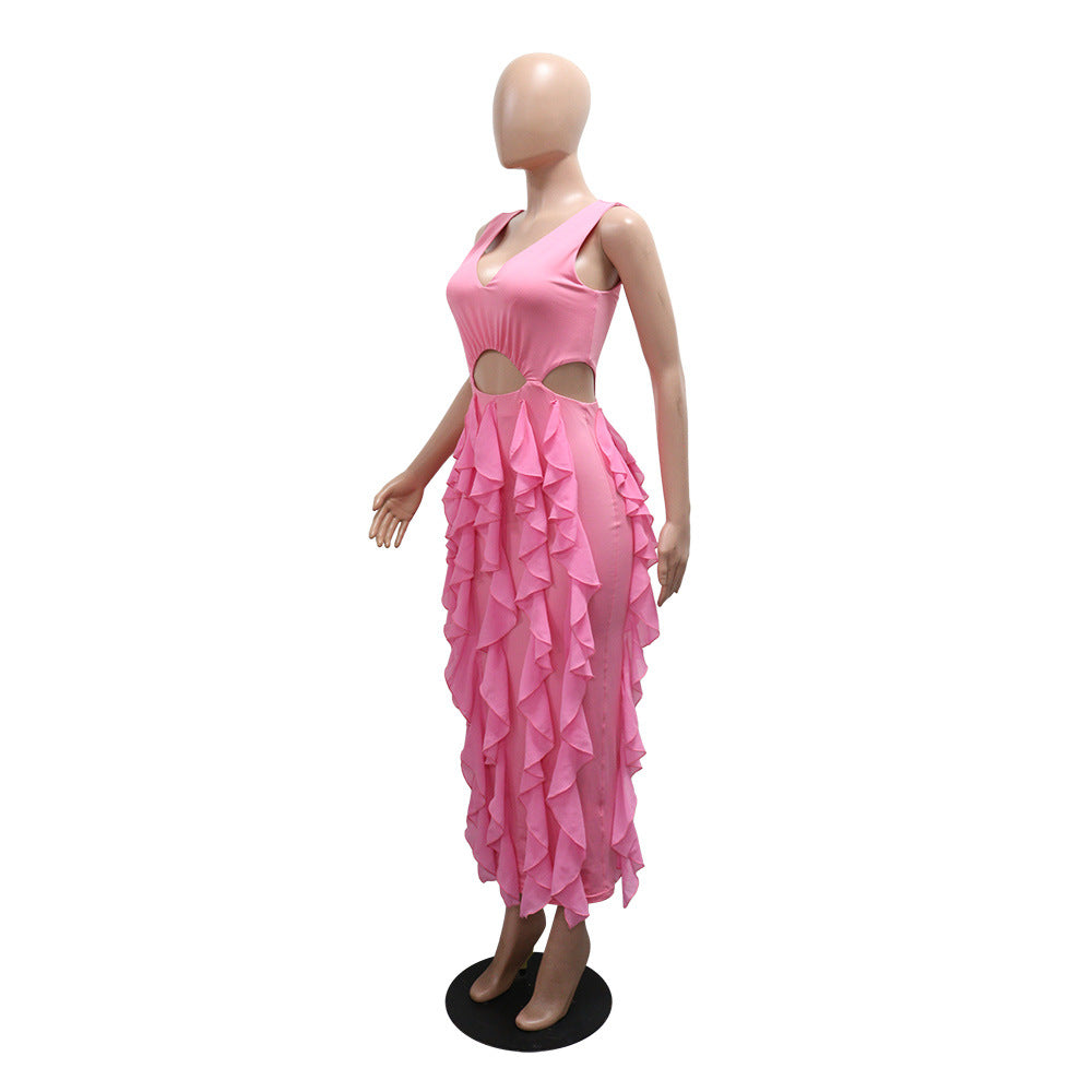 Women Sexy V-Neck Sleeveless Solid Ruffle Slit Dress 12