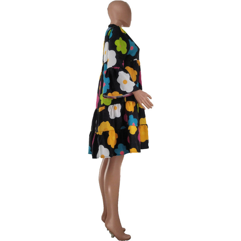 Ladies Printed V-neck Long Sleeve Dress 12