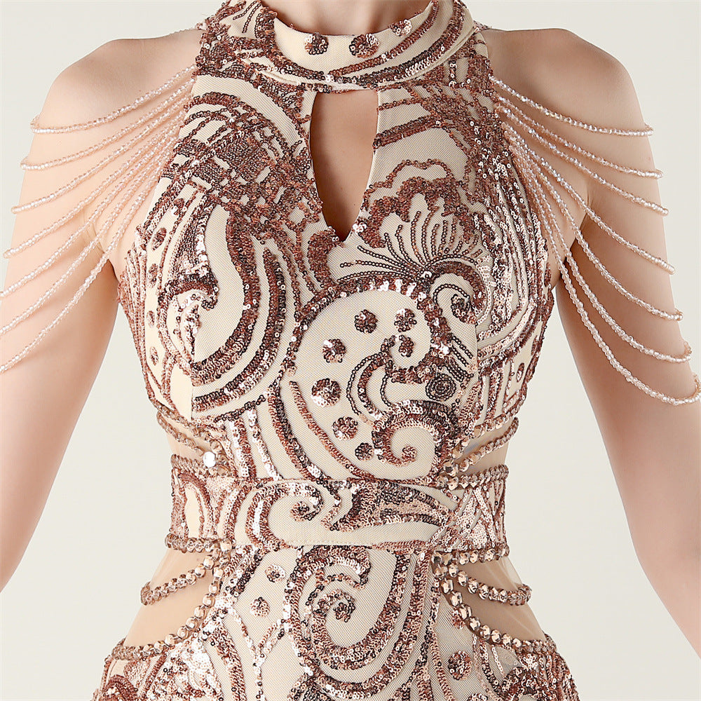 Women beaded chain shoulder sequin halter neck formal party evening dress 21