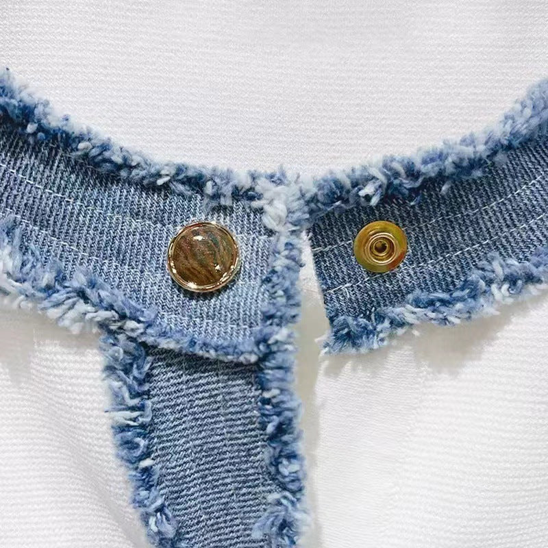 Denim Patchwork Round Neck Metal Button Slim Women's Knit Dress 11