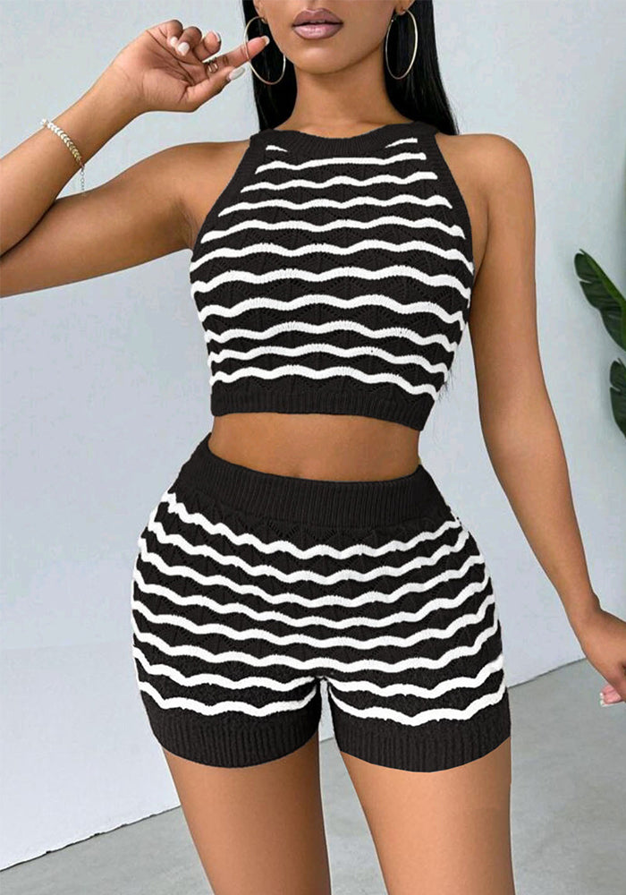 Women Casual Sweater Top and Shorts Two-piece Set