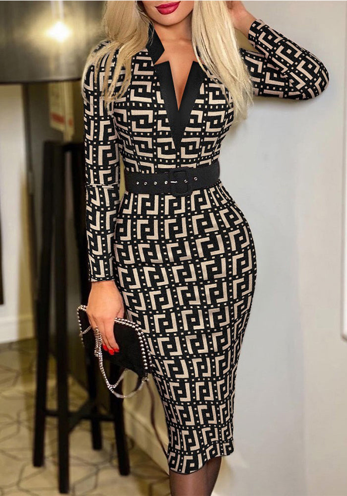 Autumn and winter fashion Plaid Print V-neck Bodycon long-sleeved sexy dress
