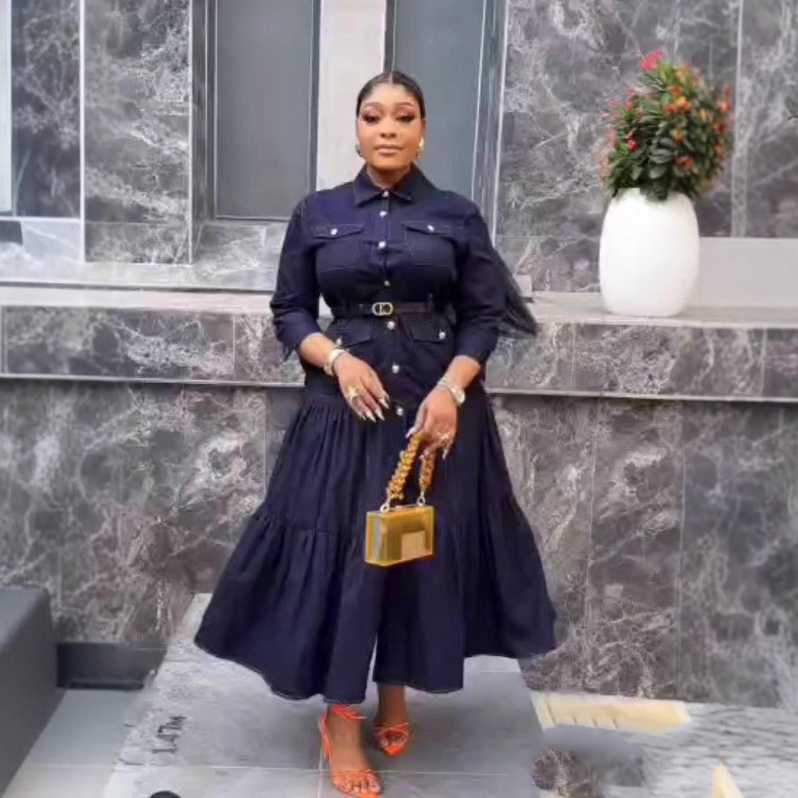 Women's Turndown Collar Metal Button High-Waist Denim Skirt 3