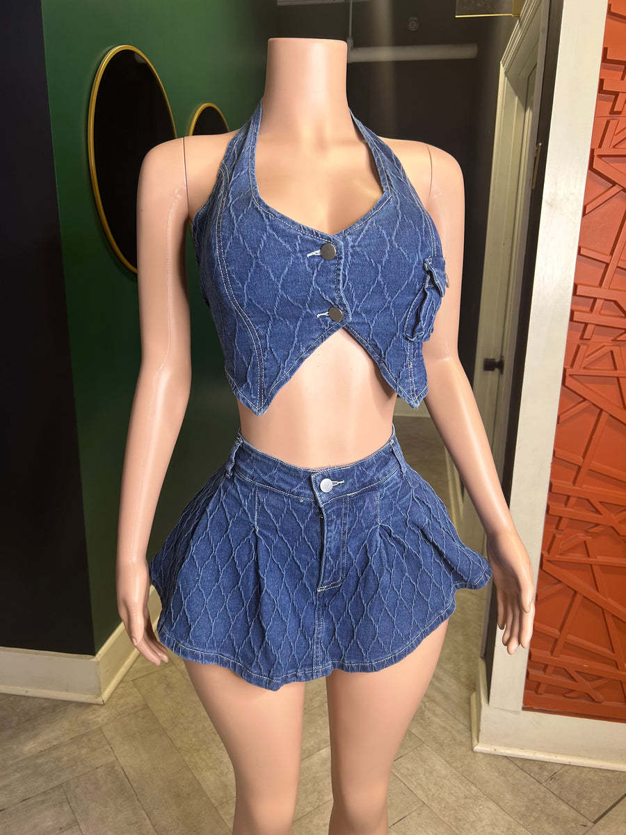 Women Halter Neck Button Washed Sleeveless Top and Skrit Stretch Casual Denim Two-piece Set 5