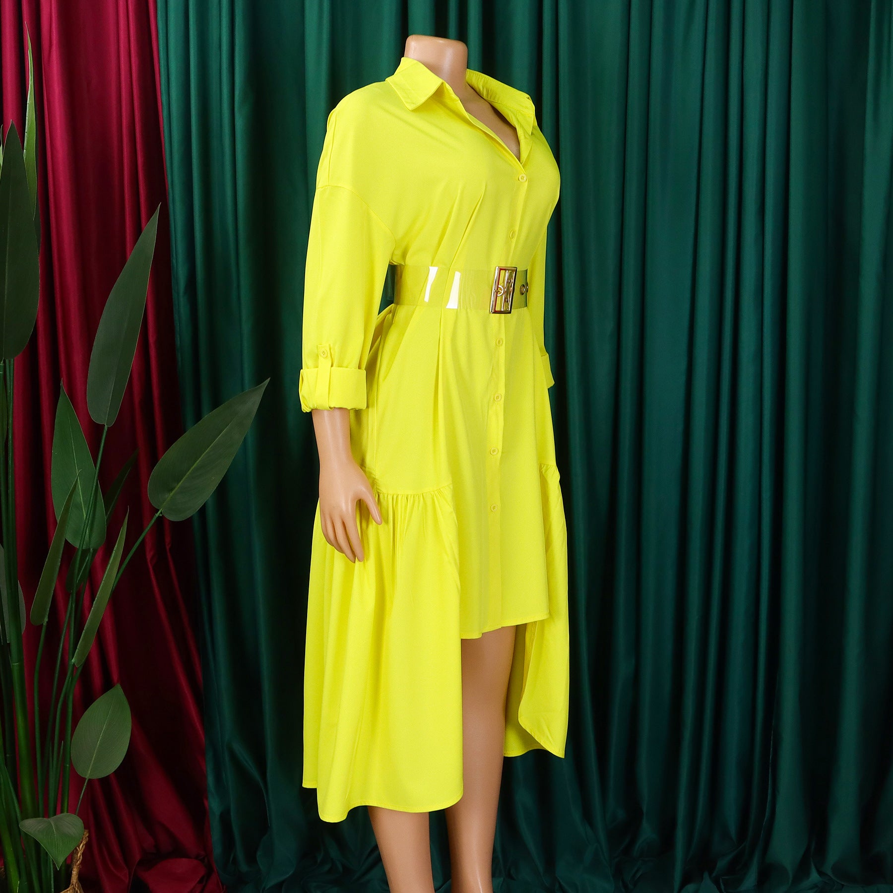 Women's Turndown Collar Solid Color Fashion Loose Casual Button Irregular Shirt Dress 12