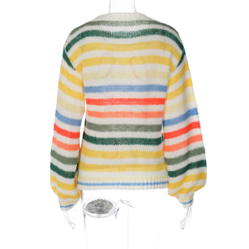 Women's Spring Rainbow Color Block Striped Sweater Loose Knit Pullover Top 14