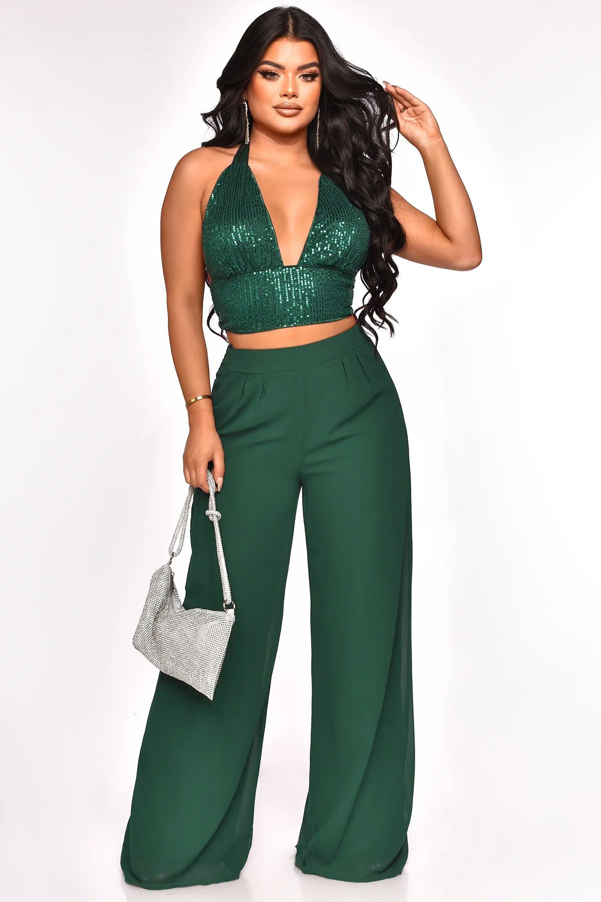 Sexy Sequined Halter Neck Tank Top Chiffon High-Waisted Straight Pants Two-Piece Set 3
