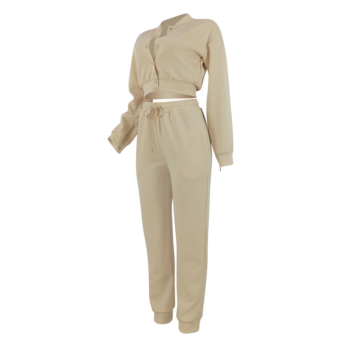 Women's Solid Color Casual Baseball Jacket Single-Breasted Long Sleeve Zipper Top and Sport Pants Two-Piece Set 7