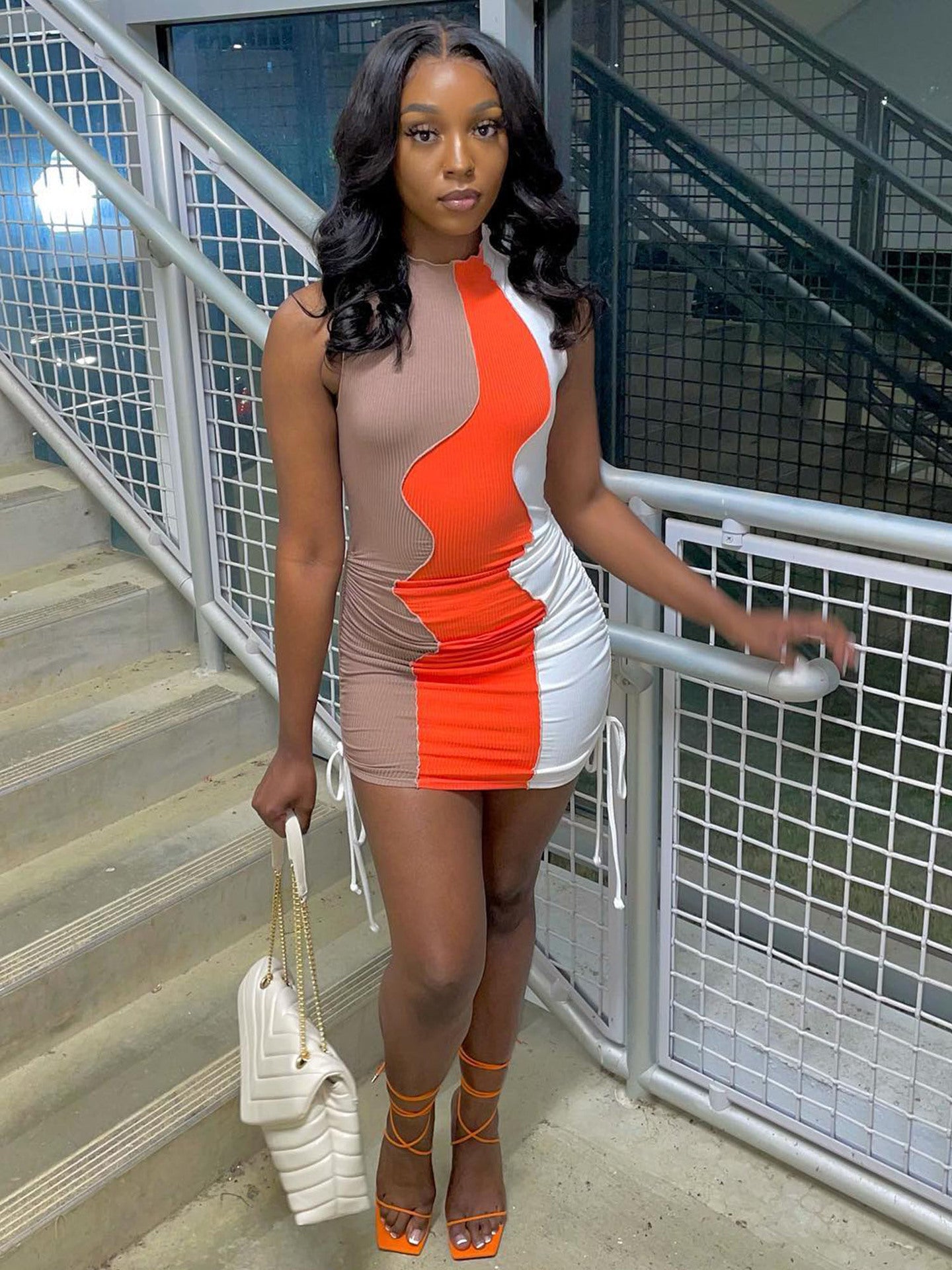 Women Sexy Ribbed Contrast Patchwork Bodycon Dress