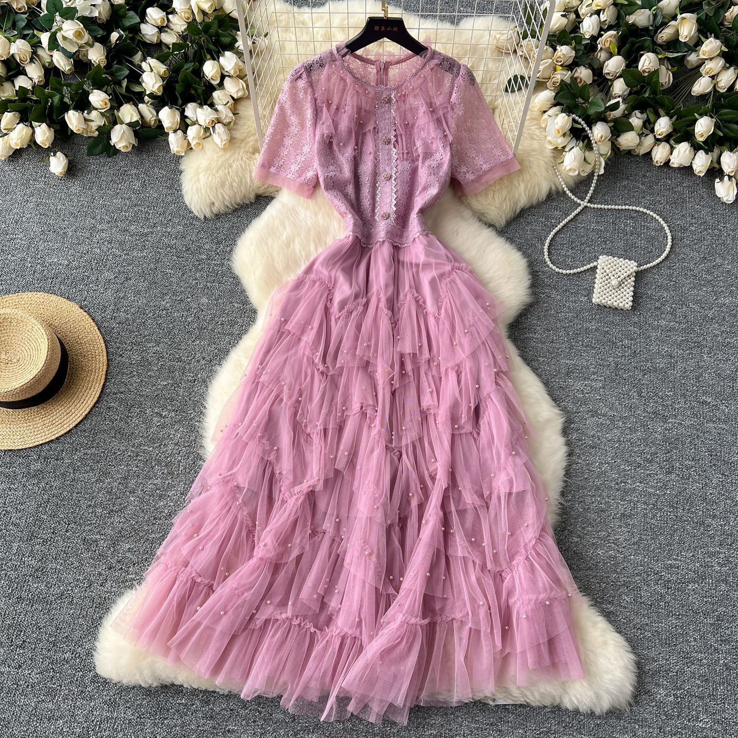 Women French Beaded Embroidered Short Sleeve Puffy Mesh Dress 9