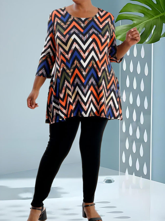 Plus Size Women Fall Casual Printed Round Neck Top