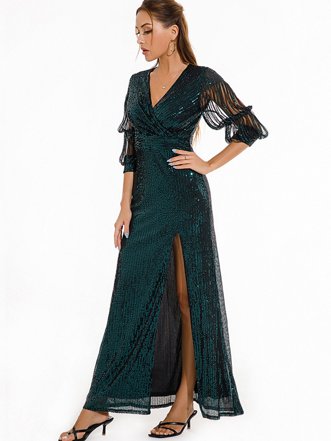 Women Sexy Vintage Green Sequin Dress 4